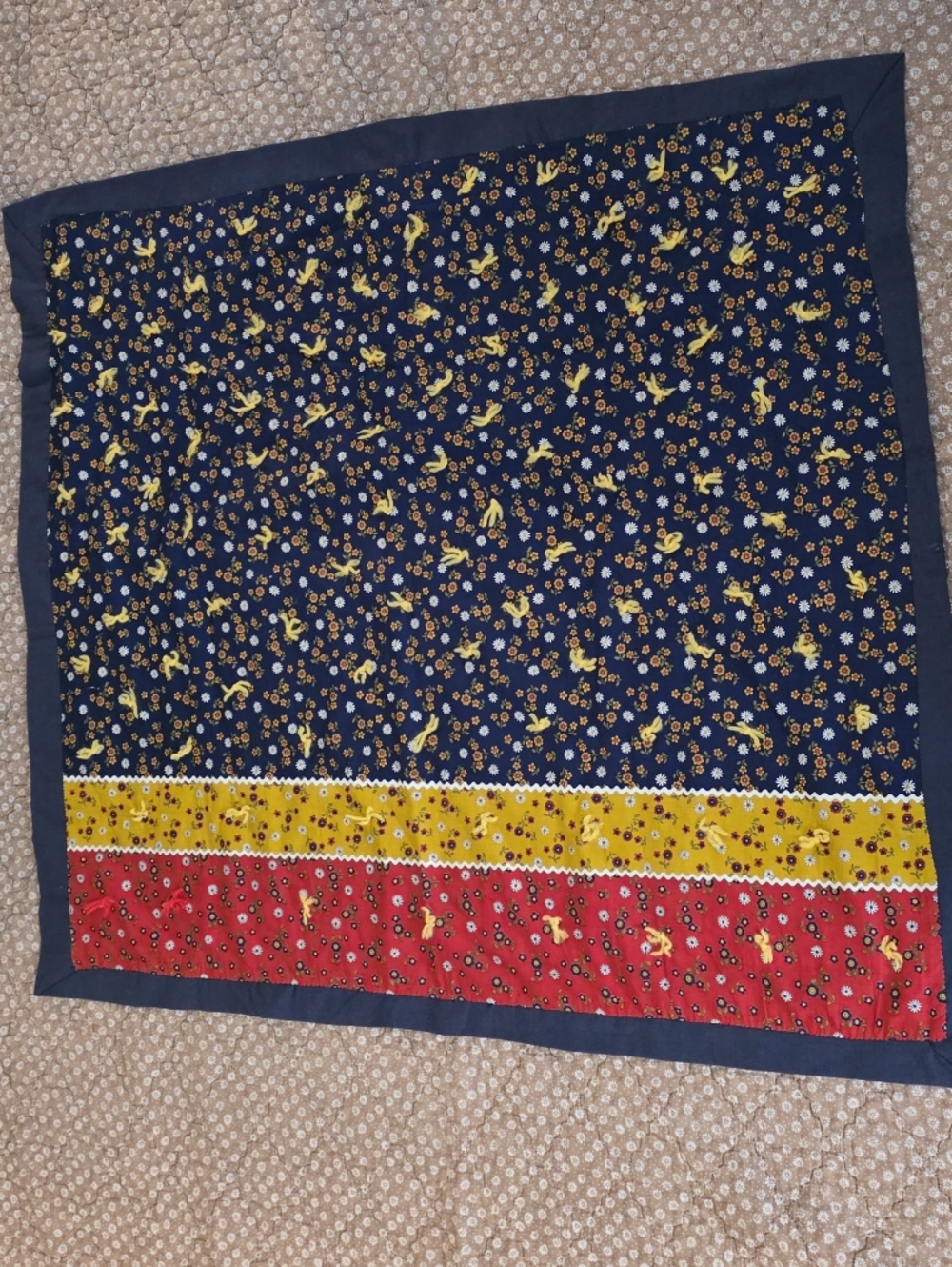 Handmade Floral Lap Quilt - Navy, Yellow & Red